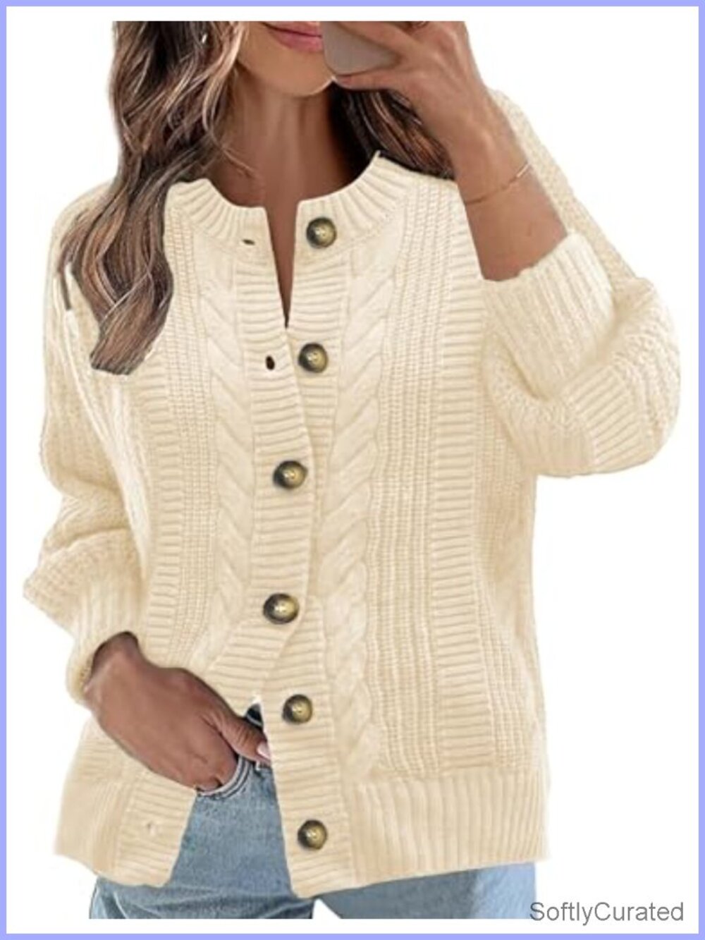 Cable Knit Cardigan Open Front Button Sweater Long Sleeve